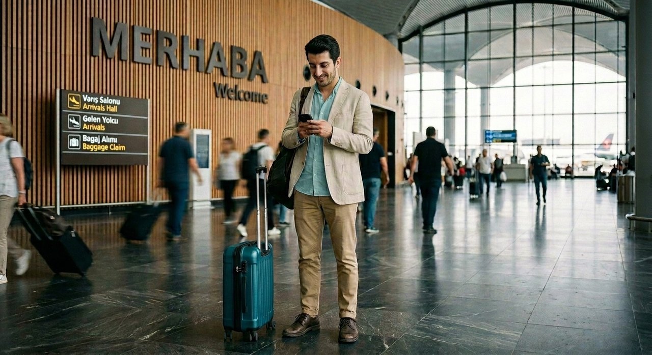 Traveler checking their phone on arrival at Istanbul airport